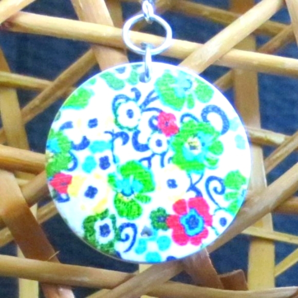 Hand Crafted Pierced Earrings Red Blue Yellow Green Dainty Flowers Print Wood - Picture 3 of 6